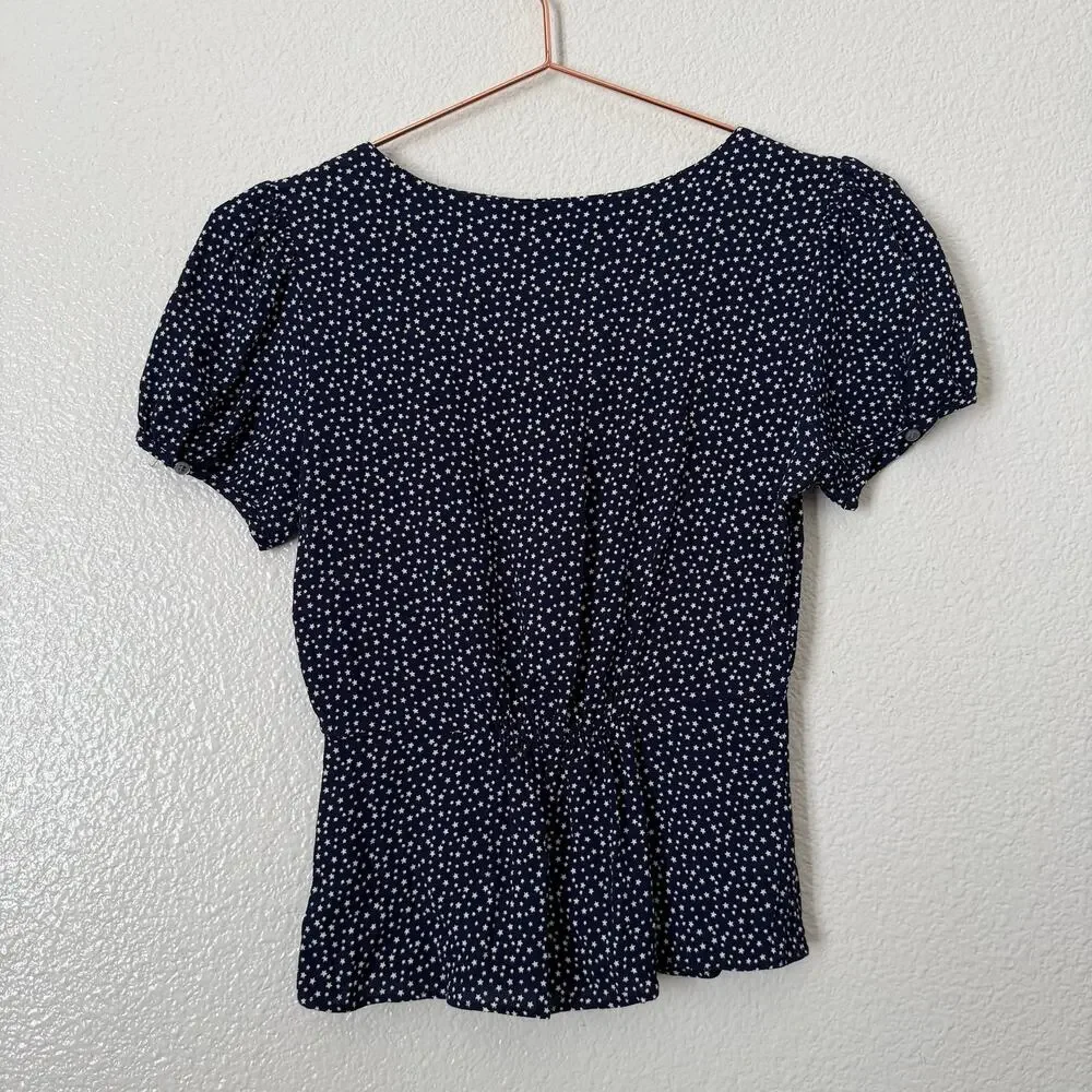 J Crew Button-up Peplum Top Star Print navy blue white short sleeve J1463